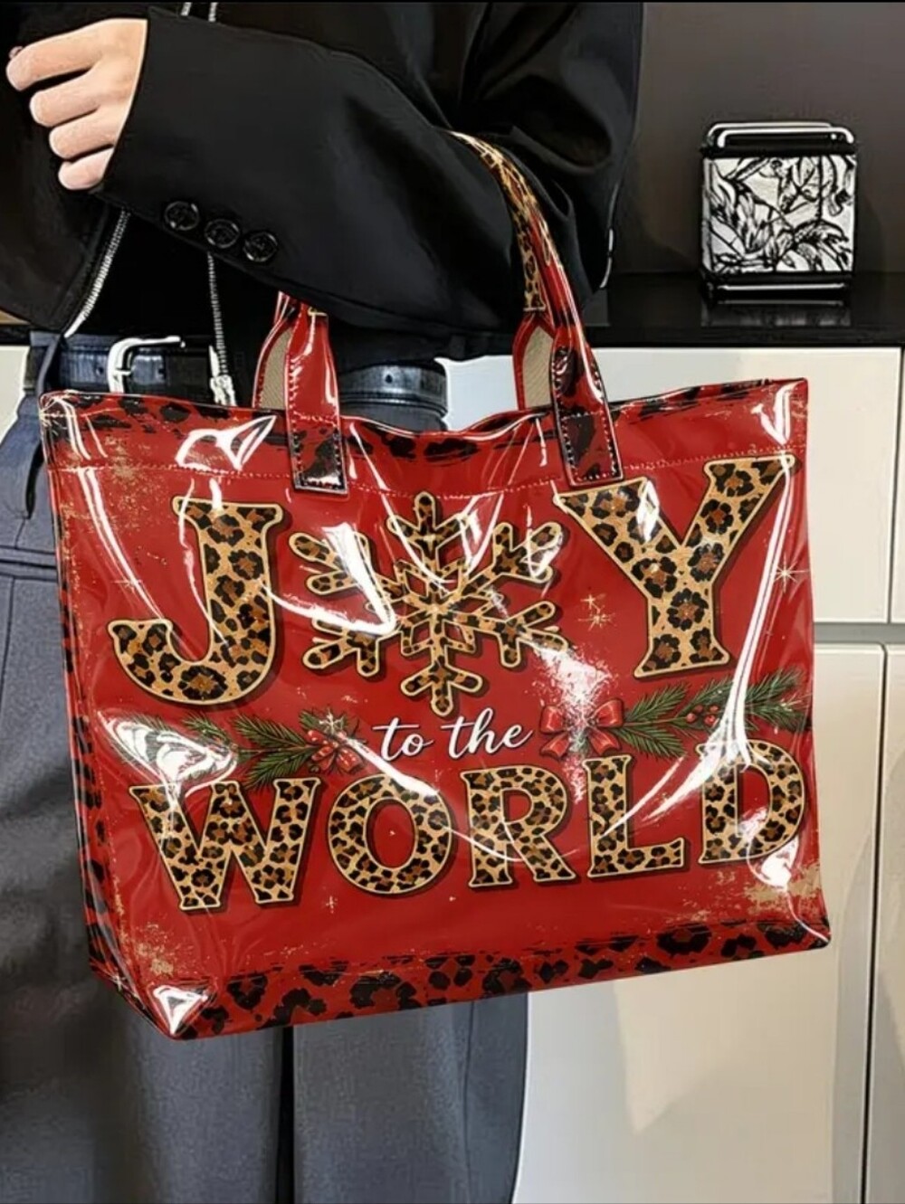Women "Joy To The World" PVC Large Semi-Gloss Daily Commute Tote Handbag